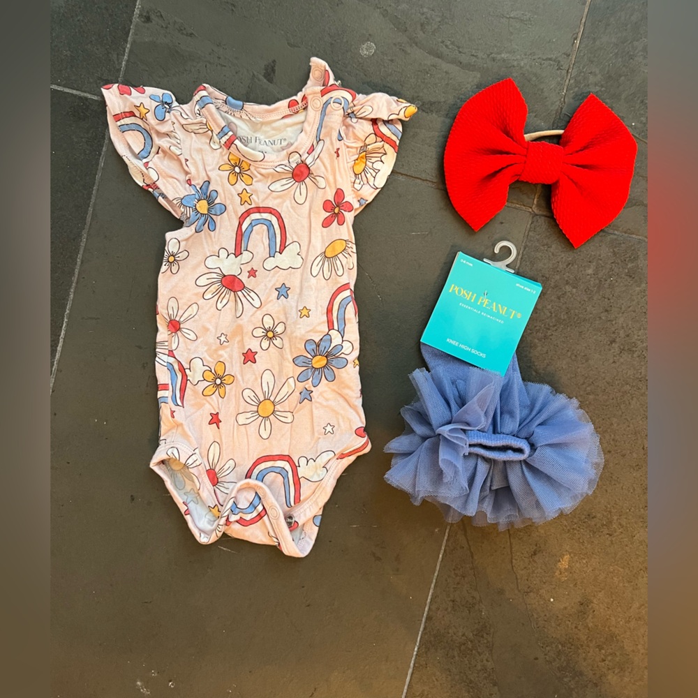 New Posh Peanut Floral Rainbow Baby Onesie with knee socks and bow Accessories